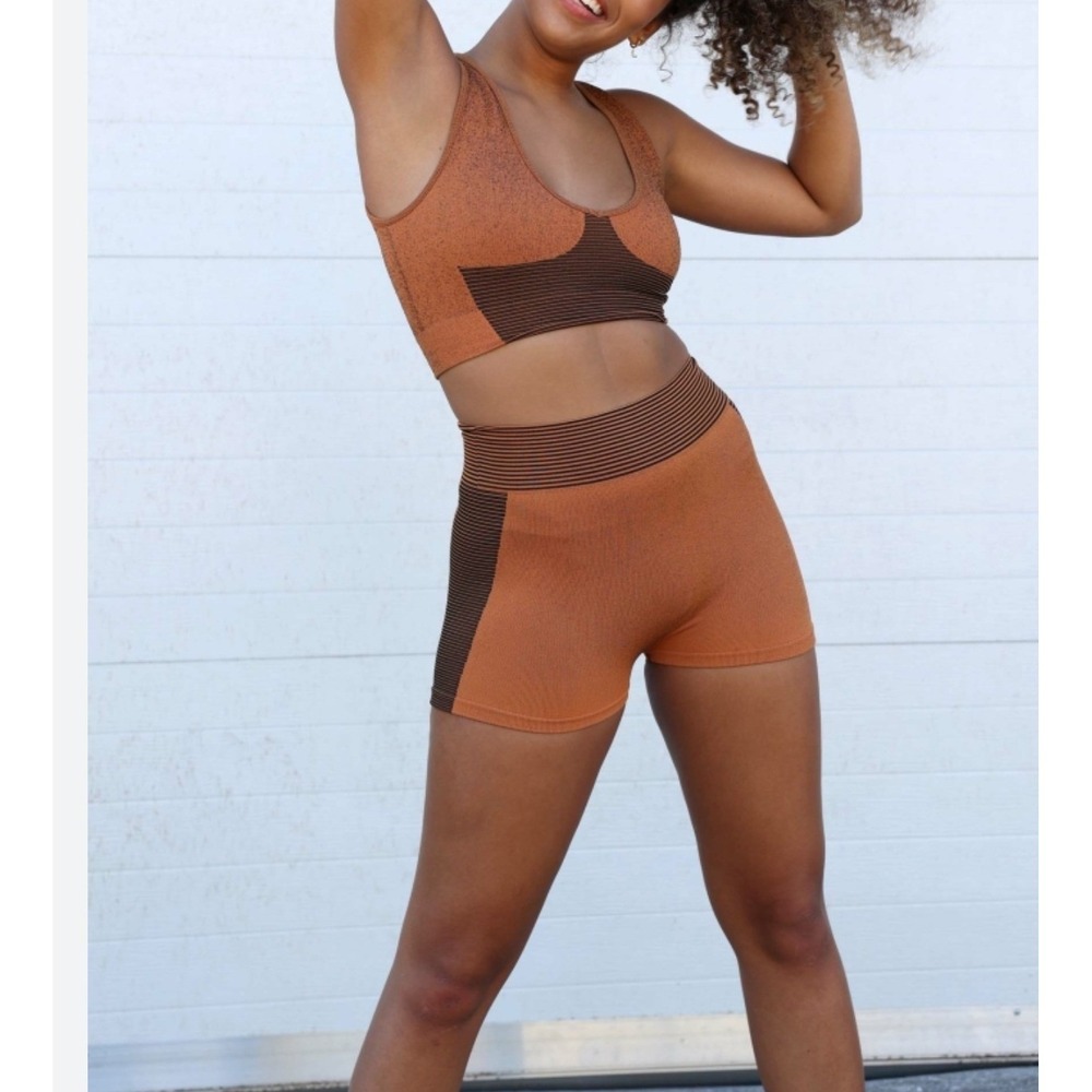 Zara Seamless Jaquard Lounge‎ Set Activewear Shorts Top Brown Size XS/S